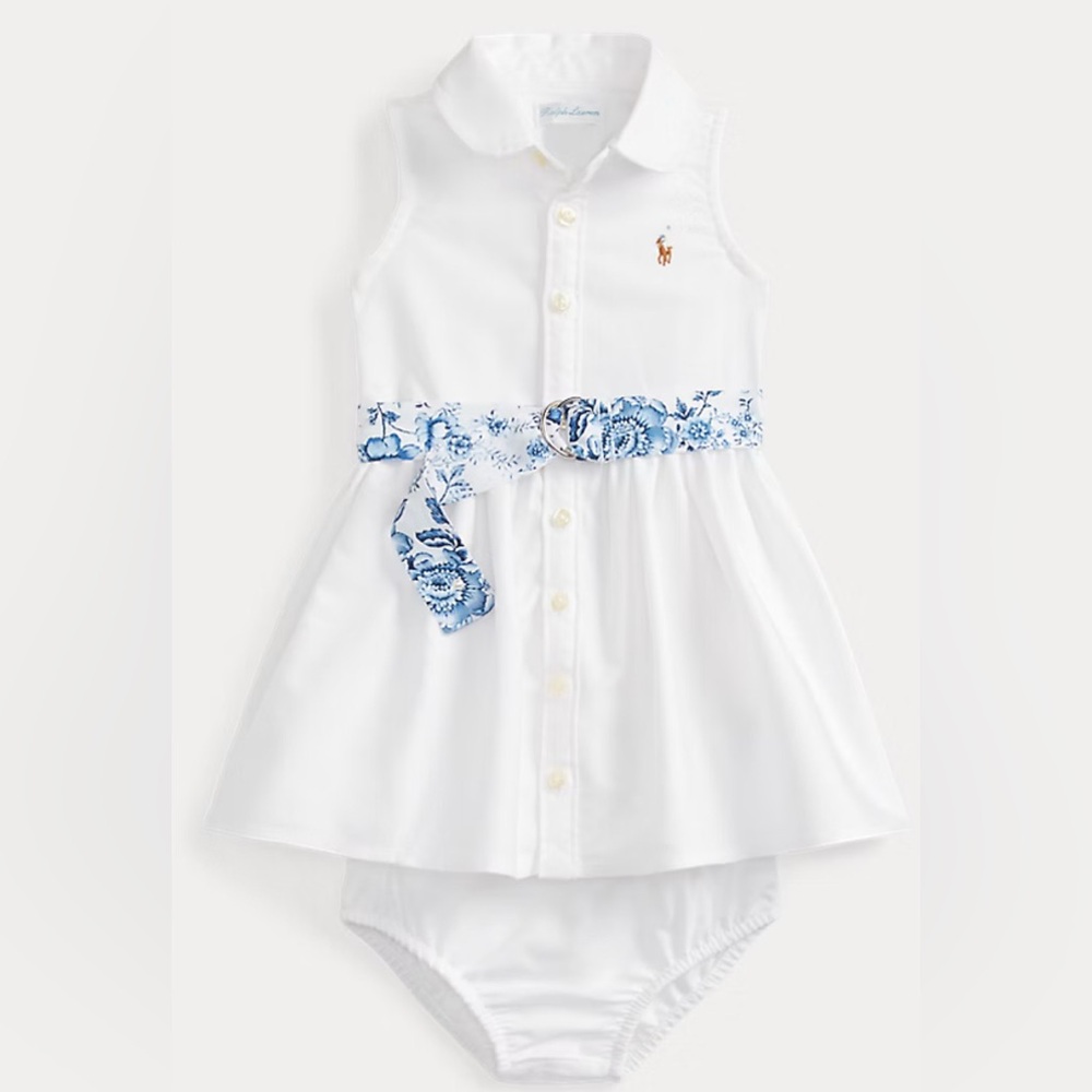 Ralph Lauren White Dress with Blue Floral Fabric Belt